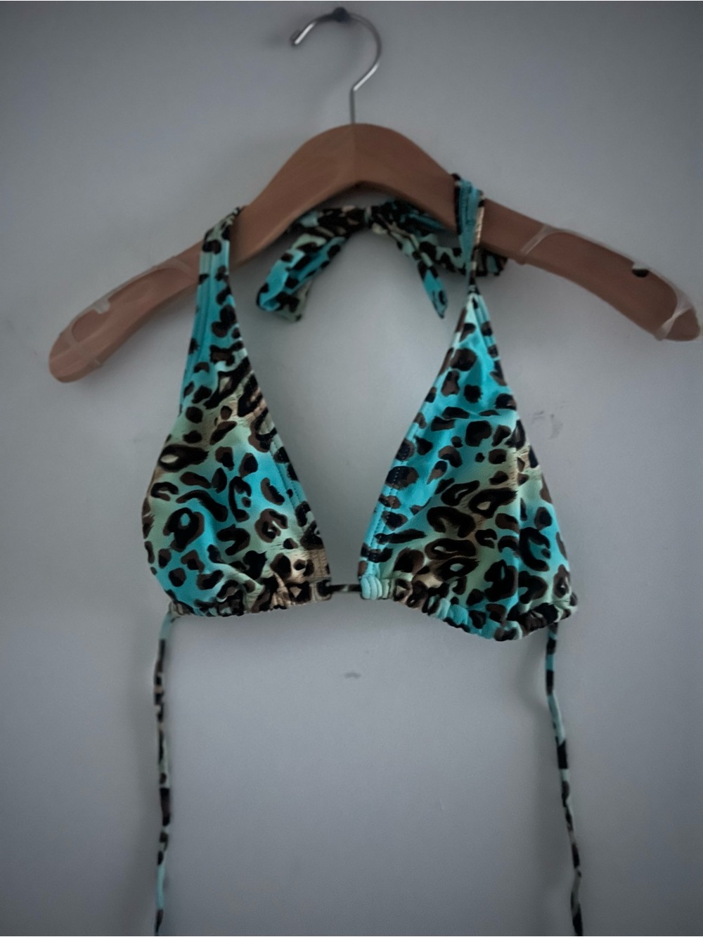 Y2K Turquoise Leopard Print Triangle Bikini Top Sz S